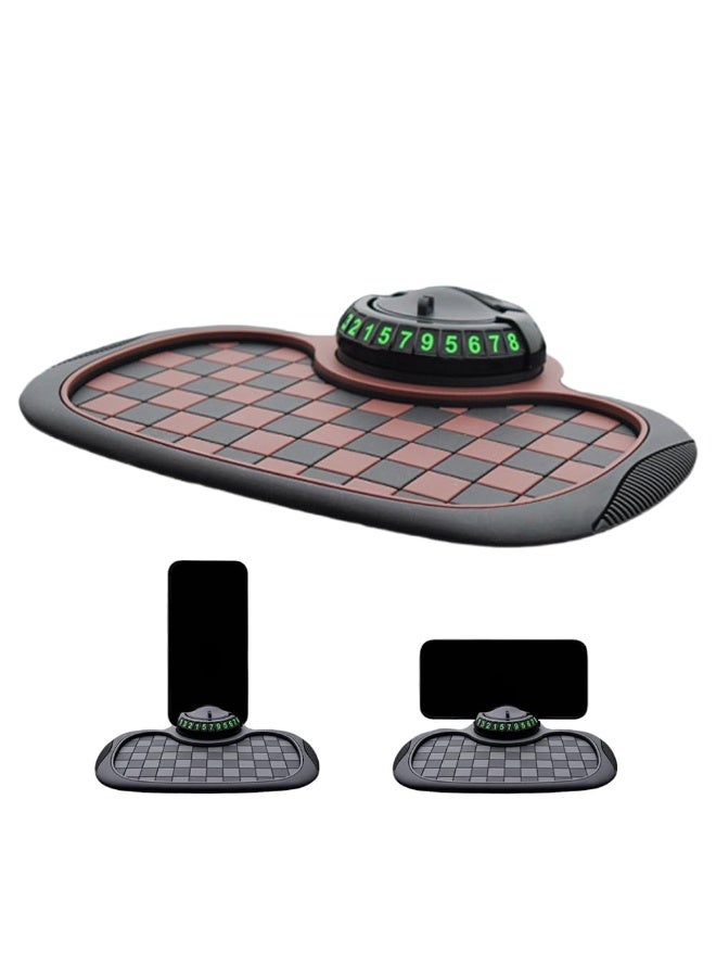 Bukela Multifunction Car Anti Slip Mat, 360° Rotatable Phone Holder Dashboard Pad with Temporary Parking Number, Anti Skid Organizer for Phone Sunglasses Keys (Brown-Gray Checkered Pattern) - Image 1